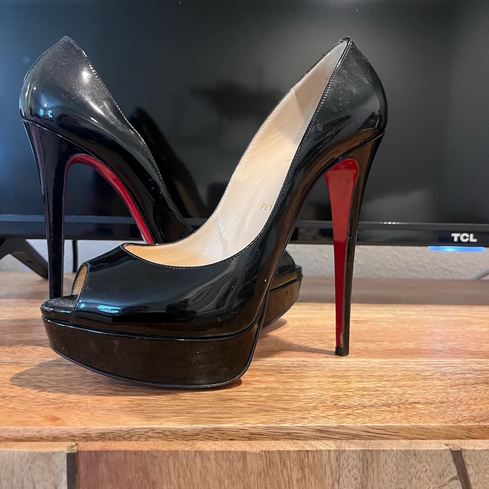 Christian Louboutin Black Patent Leather Peep-Toe Pumps